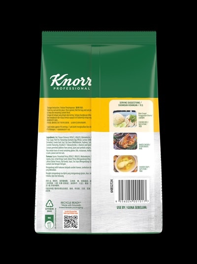 Knorr Chicken Flavoured Seasoning 1kg - An ideal seasoning for variety of dishes – whether it's soup, stir fry or others - a delectable umami taste, the Knorr Chicken Flavoured Seasoning helps you save time and labour cost in the kitchen.
